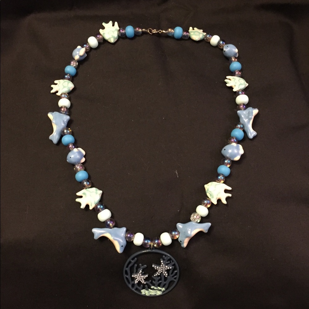 Ocean Themed Necklace Dolphins Fish Blue Pendant